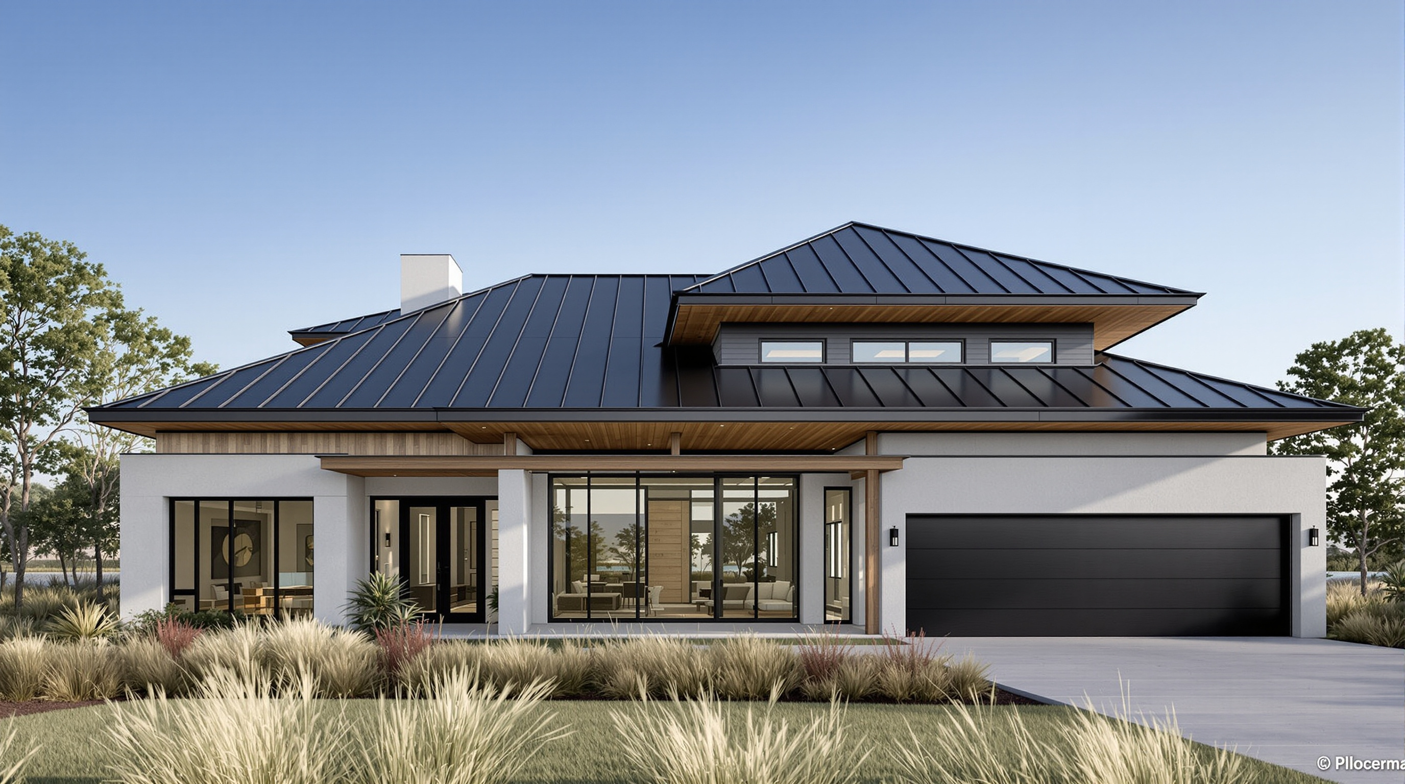 Modern contemporary home with dark matte black standing seam metal roof, large glass windows, concrete and wood accents, Gulf Coast Alabama